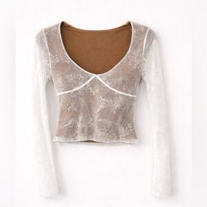 Cream Sheer Lace Long Sleeve Top Size M – Floral Mesh